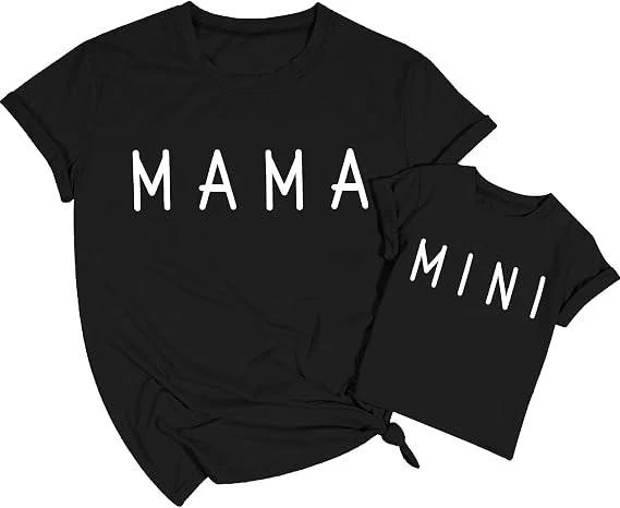 Mama and Mini Short Sleeve Shirt Matching Outfits Family Clothes (Black,XXL)