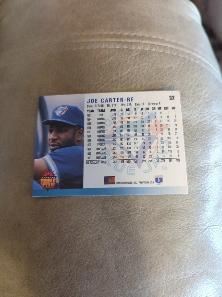 1994 Donruss Triple Play Baseball Card Joe Carter #32 Toronto Blue Jays - Image 2 of 2