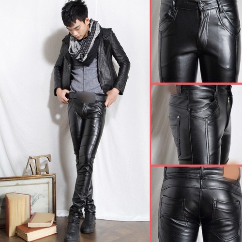 Mens slim Leather Trousers Casual 