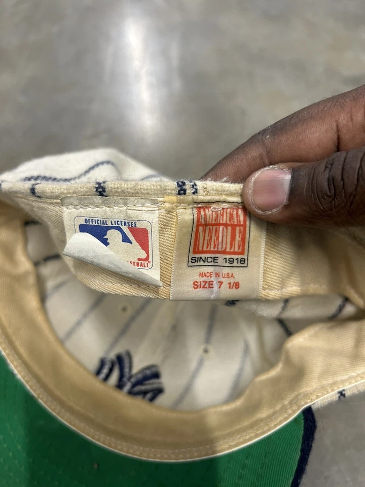 Vintage American Needle MLB Wool New York Yankees Pin Stripe Fitted Hat 7 1/8 - Image 3 of 4