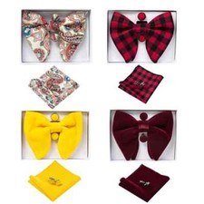 Velvet Big Bow Tie Mens Bowties Pocket Square Cufflinks Set Handkerchief Necktie