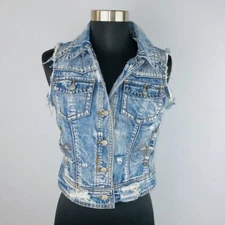 Lost Brand Jacket Womens Sleeveless Button Down Bohemian Denim Vest Pockets XS