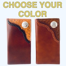   Top Grain Leather Bi-Fold Western Concho Checkbook Holder Wallet, Tan, Brown