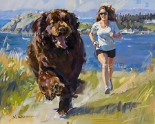 Newfoundland Dog Jogging with Owner Matte Print - 8x10 8x10 Matte Print
