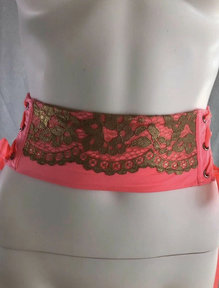 Nuevo con etiquetas Victoria's Secret Cintura Ajustadora Liguero Satinado Dorado Encaje Bling Coral Melocotón XS Foto 3 de 4