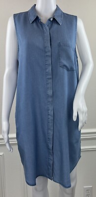 Thread & Supply Sleeveless Chambray Dress Button Up 3 Pocket Rounded Hem Size L