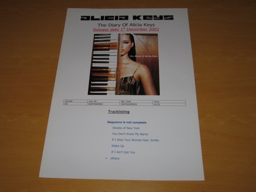 ALICIA KEYS - THE DIARY OF - PROMO DEALER FLYER / PRESS RELEASE