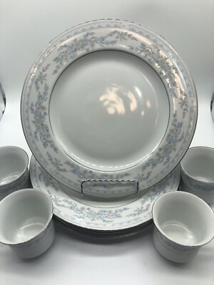 Excel China White Blue Floral Silver Rim Vintage 4 Plates 4 Cups NOS Somerset