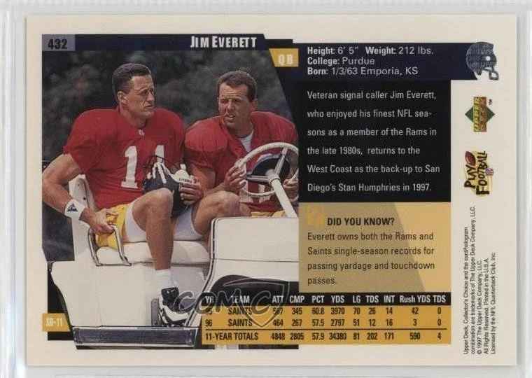 1997 Upper Deck Collector's Choice Jim Everett #432 - Image 2 of 2