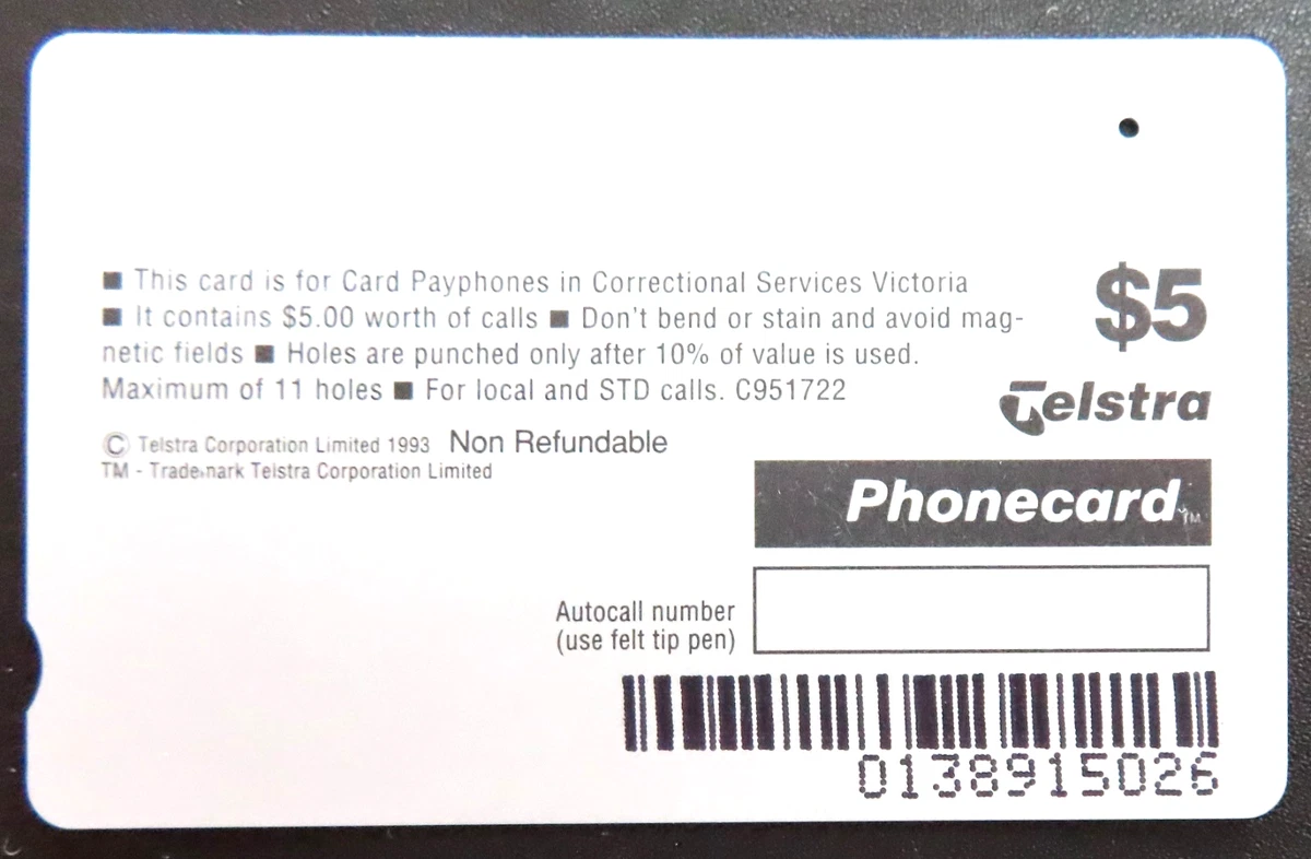 Telstra PRISON SERVICE $5 phonecard ONE HOLE- HARD TO FIND prefix 1389