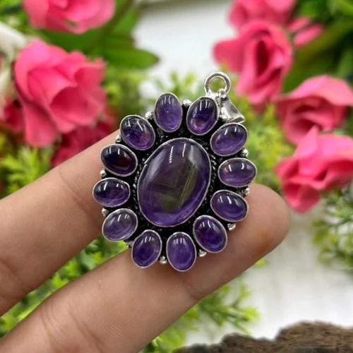Colgante de piedras preciosas con flor de amatista púrpura hecho a mano joyería de plata de ley Foto 4 de 4