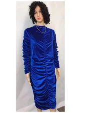 Women's Blue Velvet Stretchy Comfortable Fit Dress Ladies Classy Apparel Dress