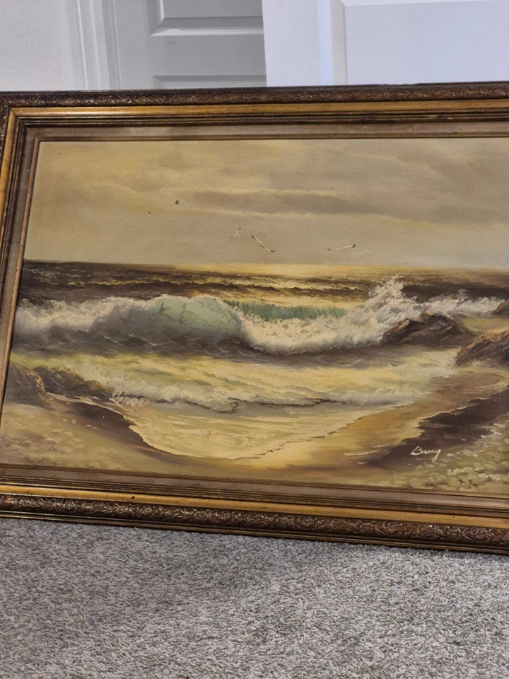 Pintura al óleo original de mediados de siglo sobre lienzo paisaje marino olas chocando por Frank... Foto 2 de 4