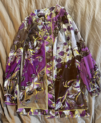 Emilio Pucci M Silk Chiffon Floral Sheer Long Sleeve Round Neck Button Blouse