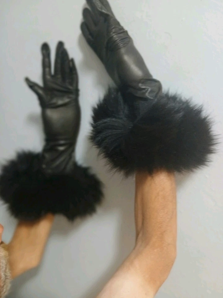 19 英寸黑色儿童皮革手套带 4 英寸黑色狐狸袖口,尺寸 7 5 法国 sik 有衬里 — 第 3/4 张图片