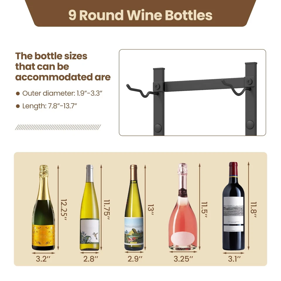 Rack de vinho Giantex montado na parede para 9 garrafas, organizador de racks de metal, pendurado - Imagem 2 de 4