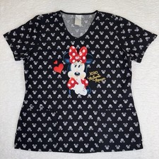 Disney Scrub Top Womens Size L Black Minnie Mouse Love XOXO Red Hearts Polkadots