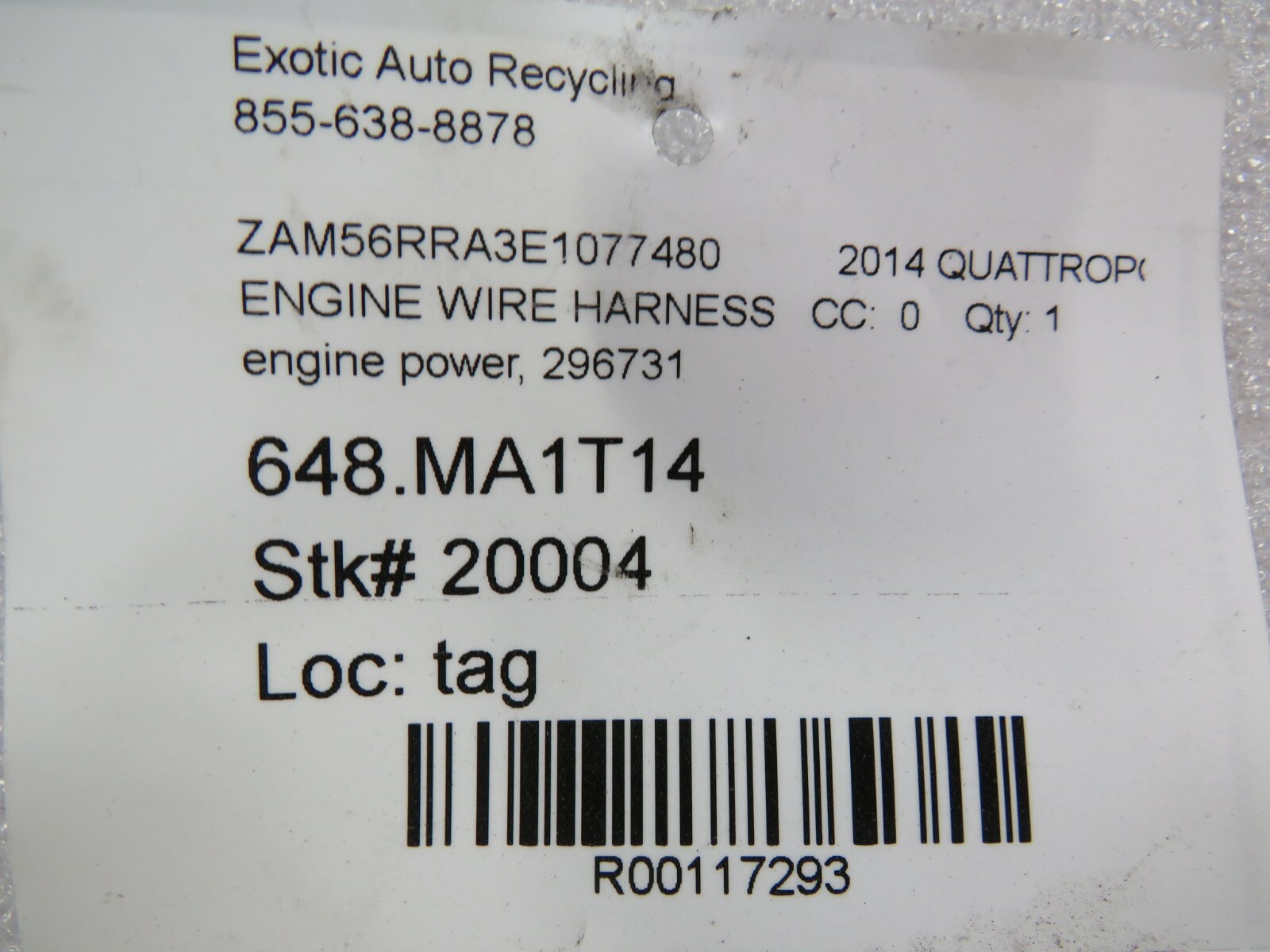 2014 Maserati Quattroporte, Engine Power Wire Harness, Used, P/N 296731