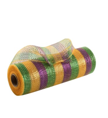 Metallic Mardi Gras Deco Mesh - 10'' x 10 Yards, Stripes, Purple Green Gold