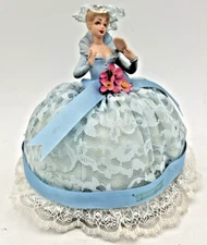 PORCELAIN HALF DOLL LADY PIN CUSHION BLUE LACY DRESS WITH FAN 6.5" TALL