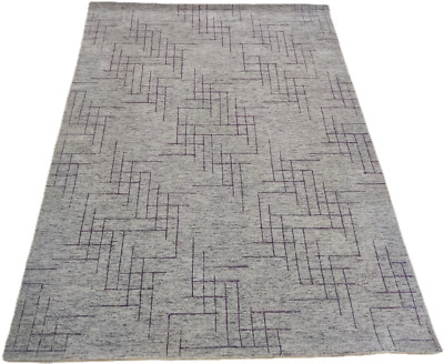 Minimalist Handmade Woven Wool Rug Grey Plum Abstract Geometrical 5'7'' x 7'10''