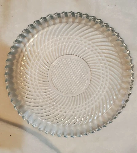 Vntg Depression Glass Diamond Sunburst Pattern Cake 10" Serving Platter