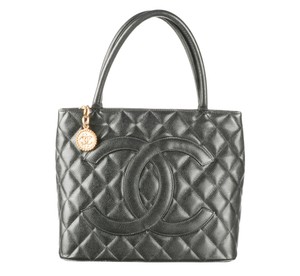 chanel black quilted caviar leather medallion tote