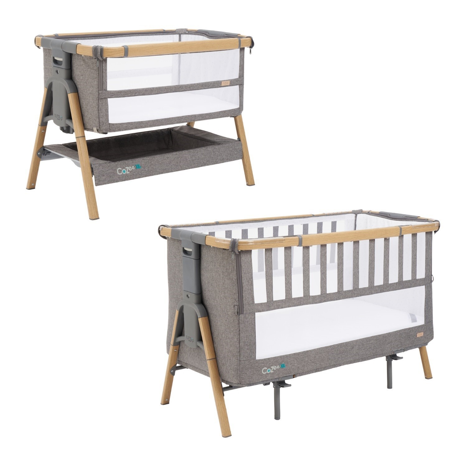 Tutti Bambini CoZee XL bedside crib/cot and crib mattress in Oak and Charcoal
