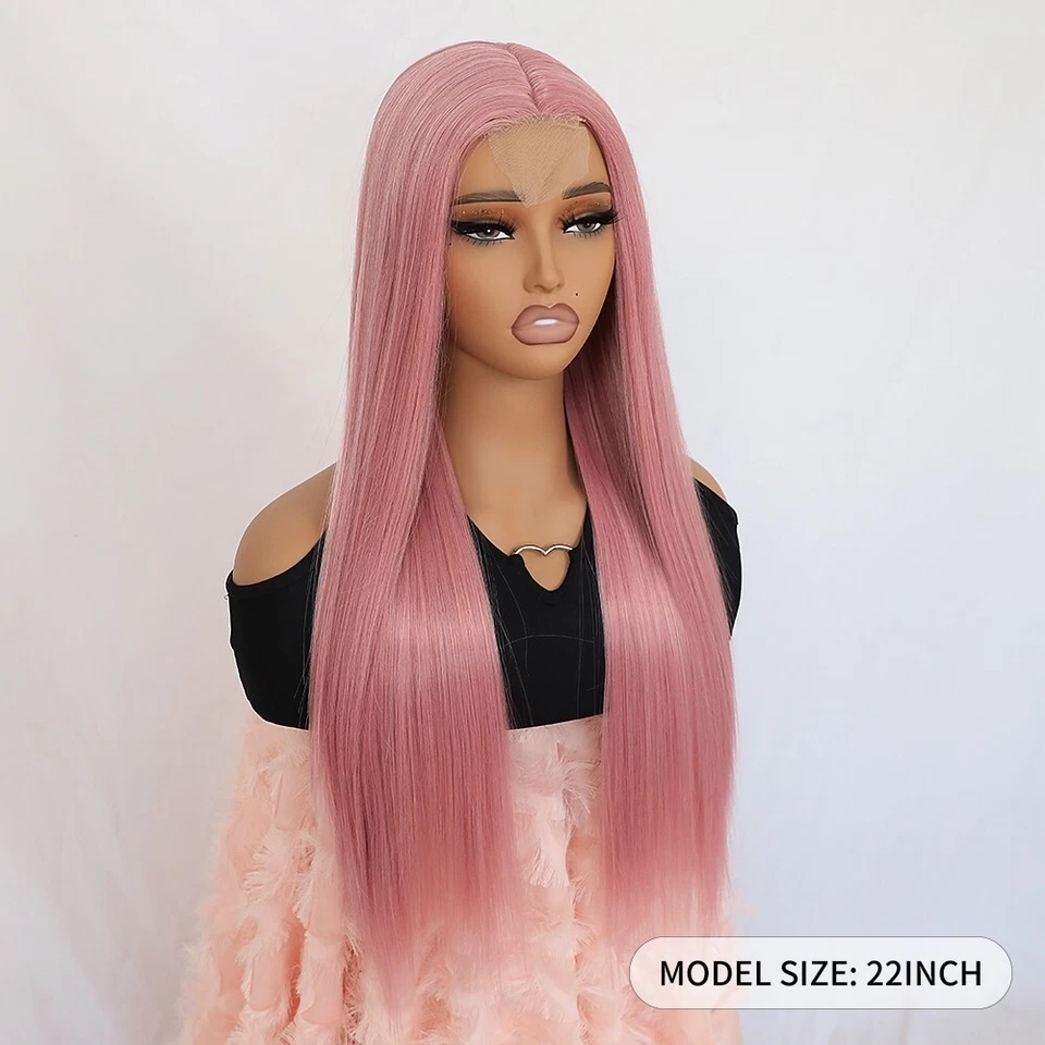 Pelucas frontales de encaje sintético cabello largo liso rosa resistente al calor mujeres fiesta Foto 3 de 4