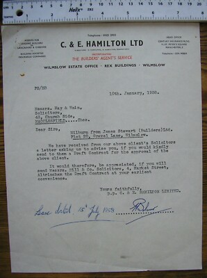 1958 letter C. & E. Hamilton, Wilmslow re sale of Plot 20, Gravel Lane, Wilmslow