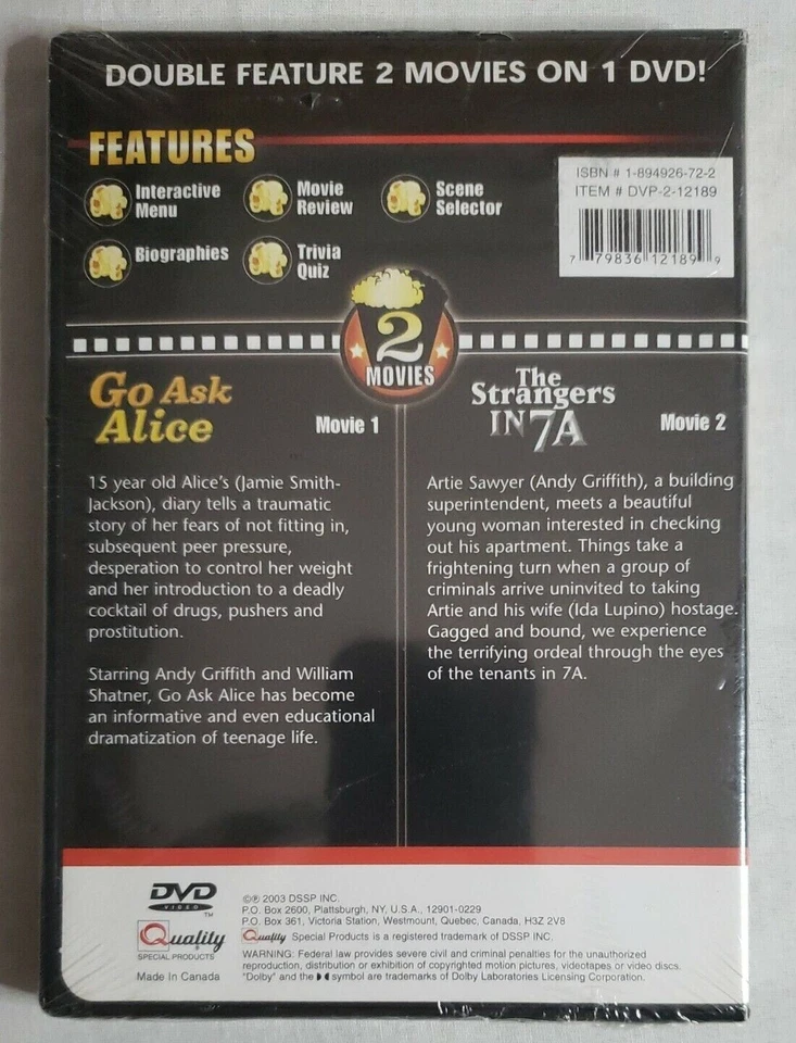 DVD - Go Ask Alice / The Strangers in 7A - Andy Griffith, William Shatner - New - Image 2 of 2