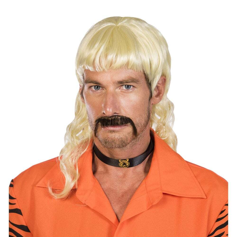 Adult Jo Exotic Tiger King Mullet Wig & Moustache Mens Fancy Dress Accessory