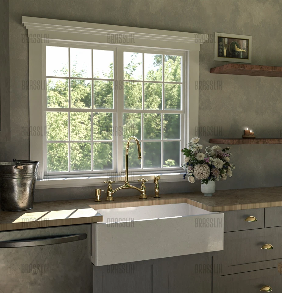 Unlacquered Victorian Brass Bridge Faucet, Vanity Kitchen Sink Brass Faucet - Image 4 of 4