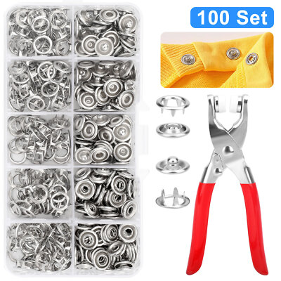 100 Set 9.5mm Metal Snap Buttons with Fastener Pliers Tool Kit for Sewing Craft