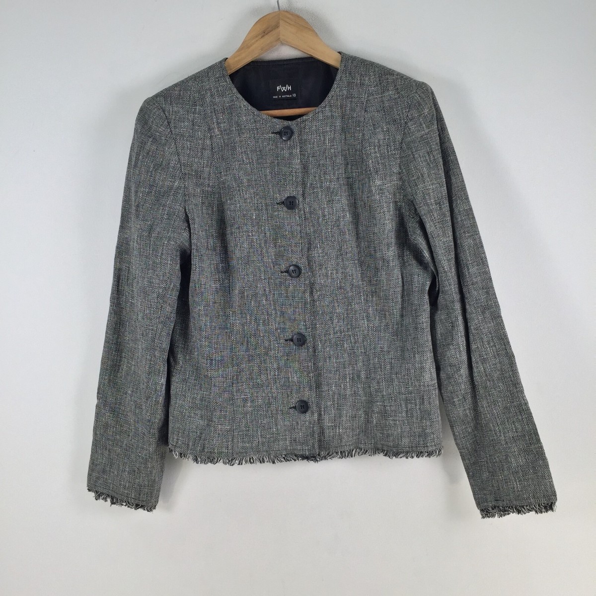 FWH womens blazer jacket size 10 grey tweed linen cotton long