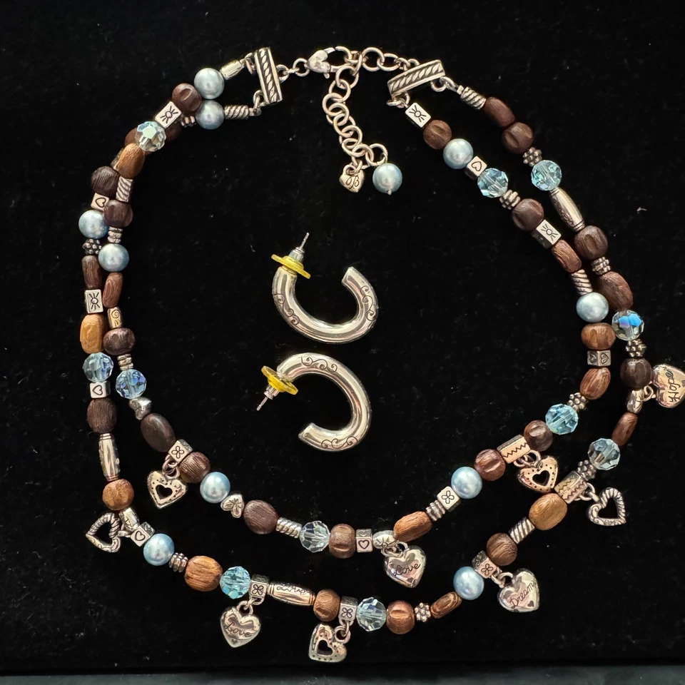 Retired Brighton Zen Garden Layered Heart Brown Wood Collar Necklace Earring Set - Image 4 of 4