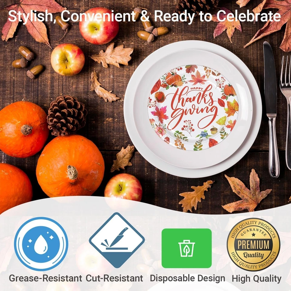 "75PCS Thanksgiving Disposable Tableware Set with Plates, Napkins & Gold Forks" - Image 4 of 4