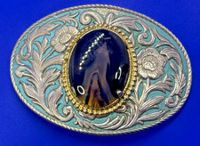Black Brown Swirl Banded Agate Cabochon - Blue Silver Color Western Belt Buckle