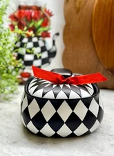 New Black & White Resin Harlequin Diamond Trinket Jewelry Dish w/ Lid & Red Bow