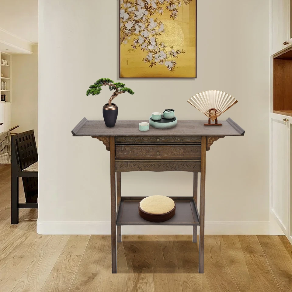 Mesa de altar marrón de 2 niveles con 2 cajones mesa de altar retro con almacenamiento Foto 2 de 4