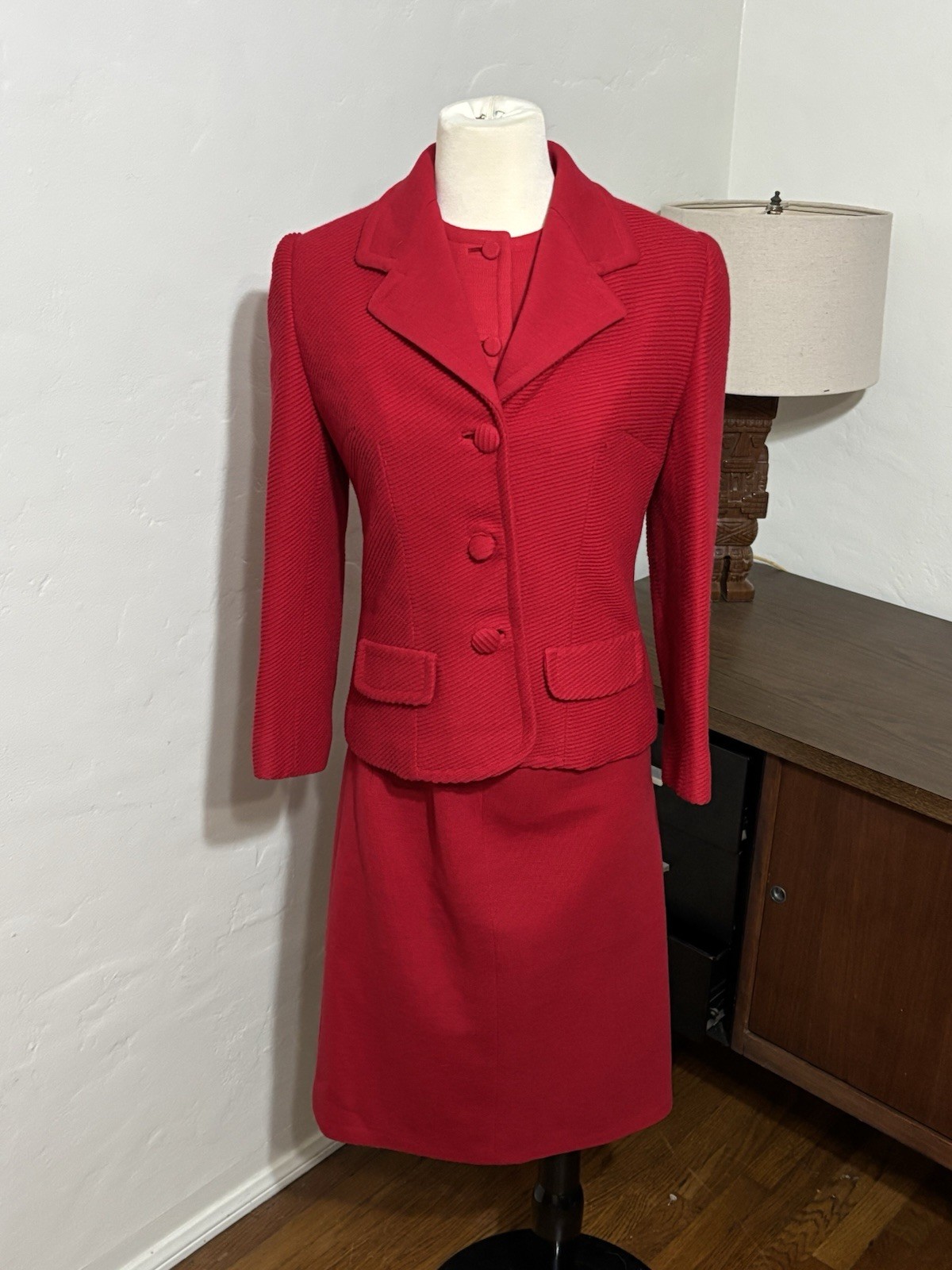 Rare Vintage 60s Lilli Anne Knit London 3 Piece Skirt Suit Lipstick Red Mod MCM