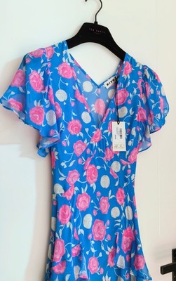 BNWT Rixo Evie Rose Shell Blue Silk Midi Dress SIZE: L PRP: £345