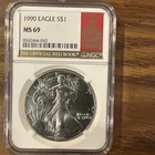 1990 $1 American Silver Eagle NGC MS 69  1 Oz .999 Silver Red Book Toner On Edge