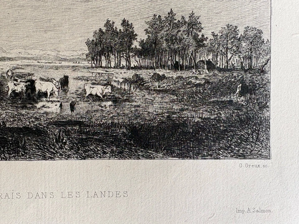 Théodore Rousseau Gravure Eau Forte Etching Paysage Le Marais Dans Les Landes - Photo 3/4