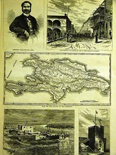 Map of Island & City Views SAN DOMINGO & CITY HARBOR BAEZ 1871 Art Print Matted