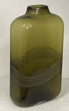 Olive Green Art Glass Bottle Vase 11"