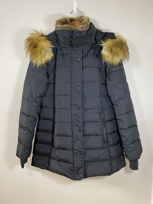 S13 New York Puffer Coat Womens Duck Down Matte Black Faux Fur Trim Hood XLARGE