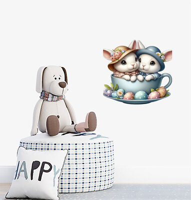 Osterhase Hase in Tasse Blumenei Wandbild Laptop Vinyl Aufkleber Abziehbilder a9959