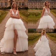 Sexy A-Line Wedding Dresses V-Neck High Low Ruffles Tiered Pearls Bridal Gowns