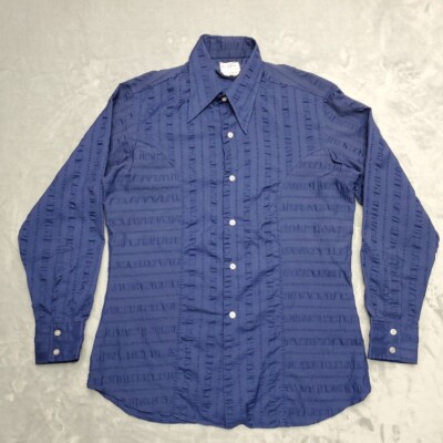 Wellworth Shirt Mens Medium Blue Dagger Collar Crinkle Disco 70s 80s Vintage Mod